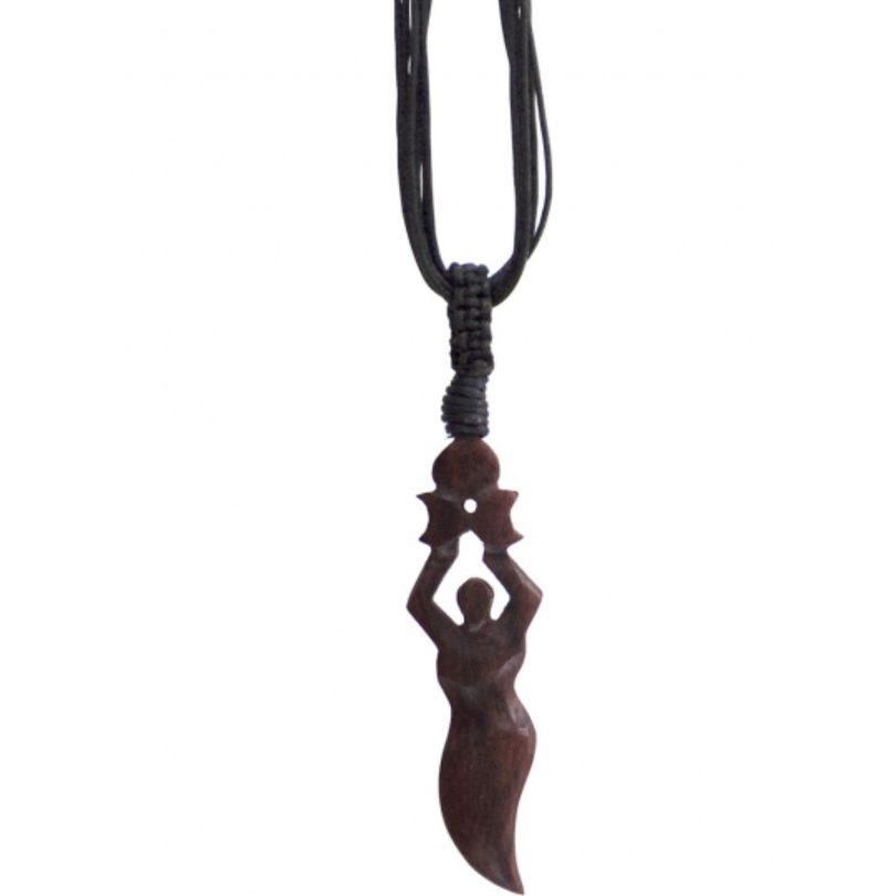 Wood Pendant Moon Goddess with Black Cord